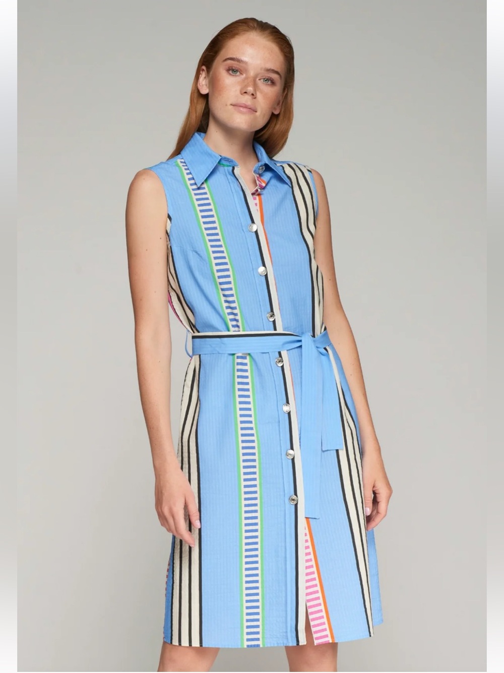 Vilagallo Mariya Raya Azul Seersucker Sleeveless Blue Striped Midi Shirt Dress